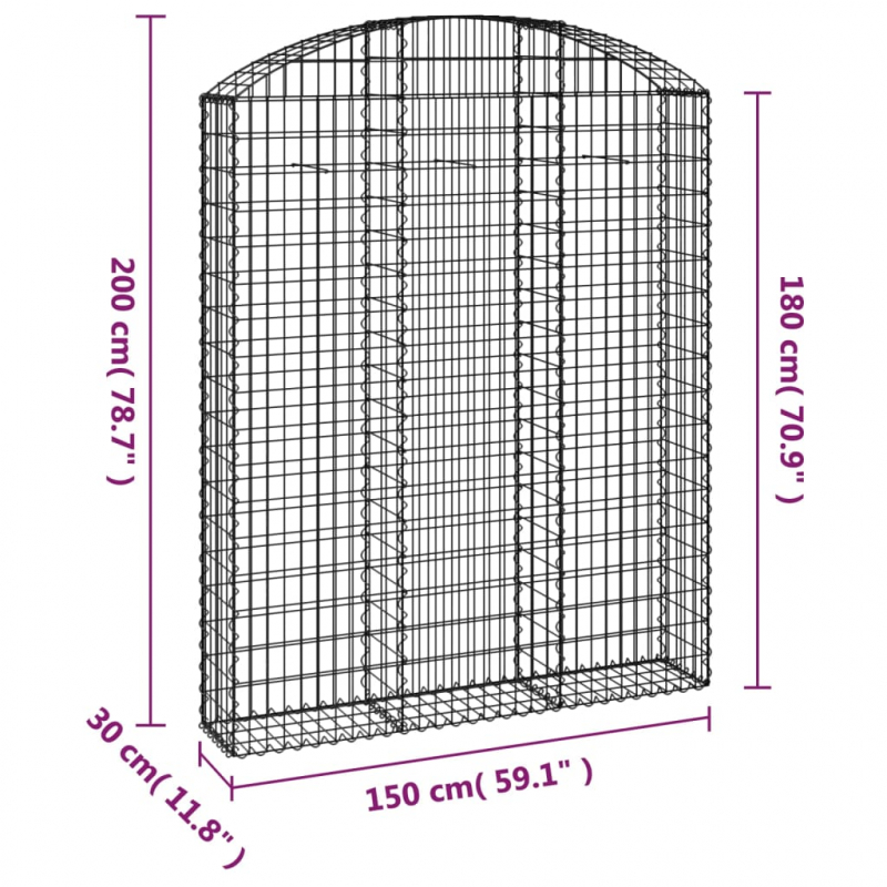 Gabione mit Hochbogen 150x30x180/200 cm Verzinktes Eisen