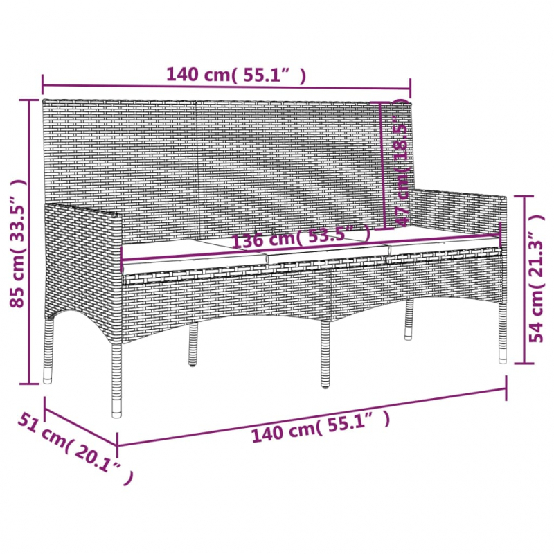 Gartenbank 3-Sitzer mit Kissen Braun Poly Rattan