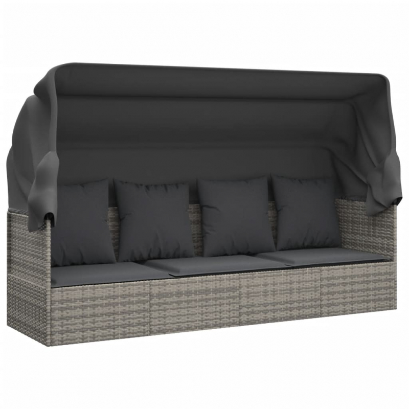 Outdoor-Loungebett mit Dach und Kissen Grau Poly Rattan