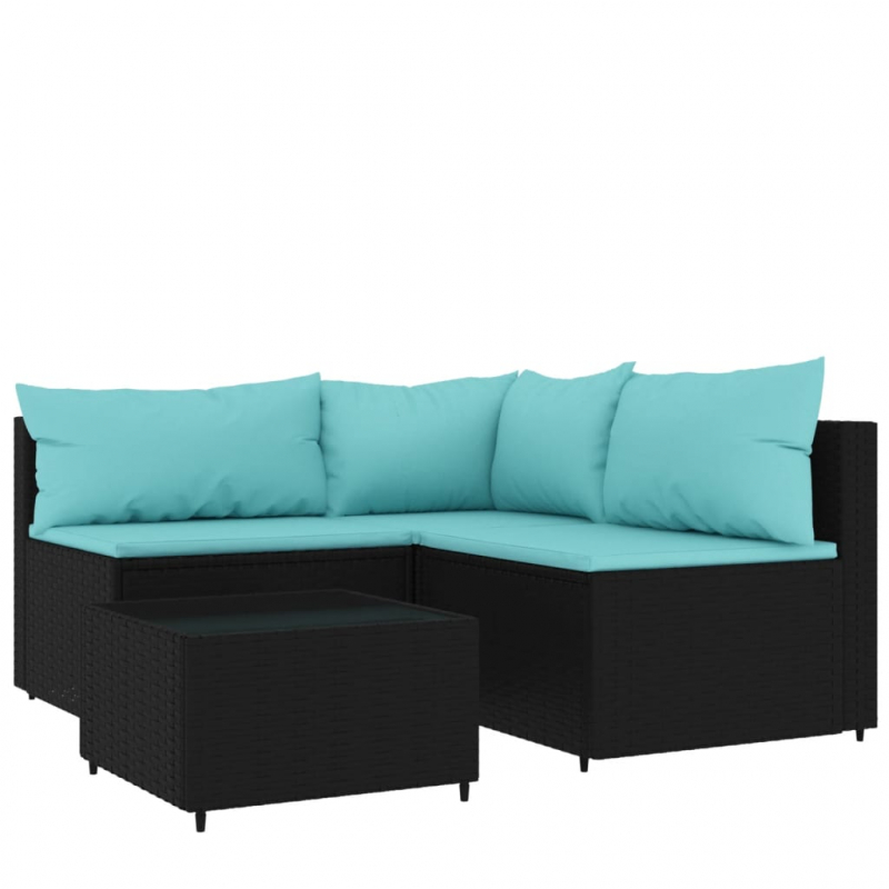 4-tlg. Garten-Lounge-Set mit Kissen Schwarz Poly Rattan