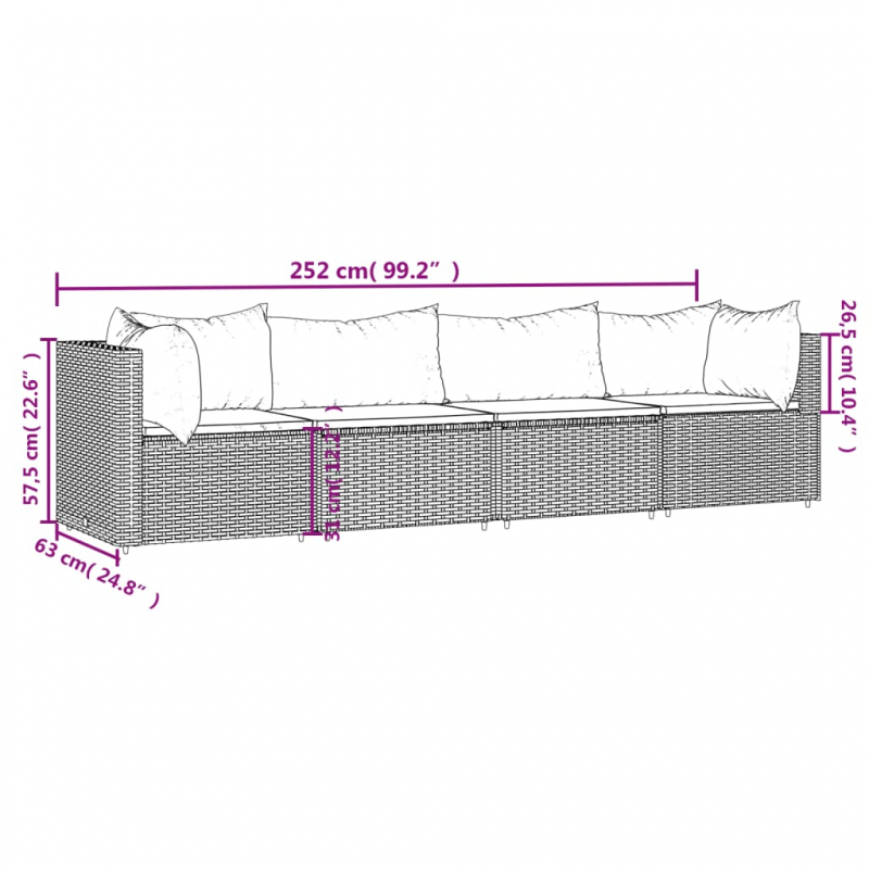 4-tlg. Garten-Lounge-Set mit Kissen Grau Poly Rattan