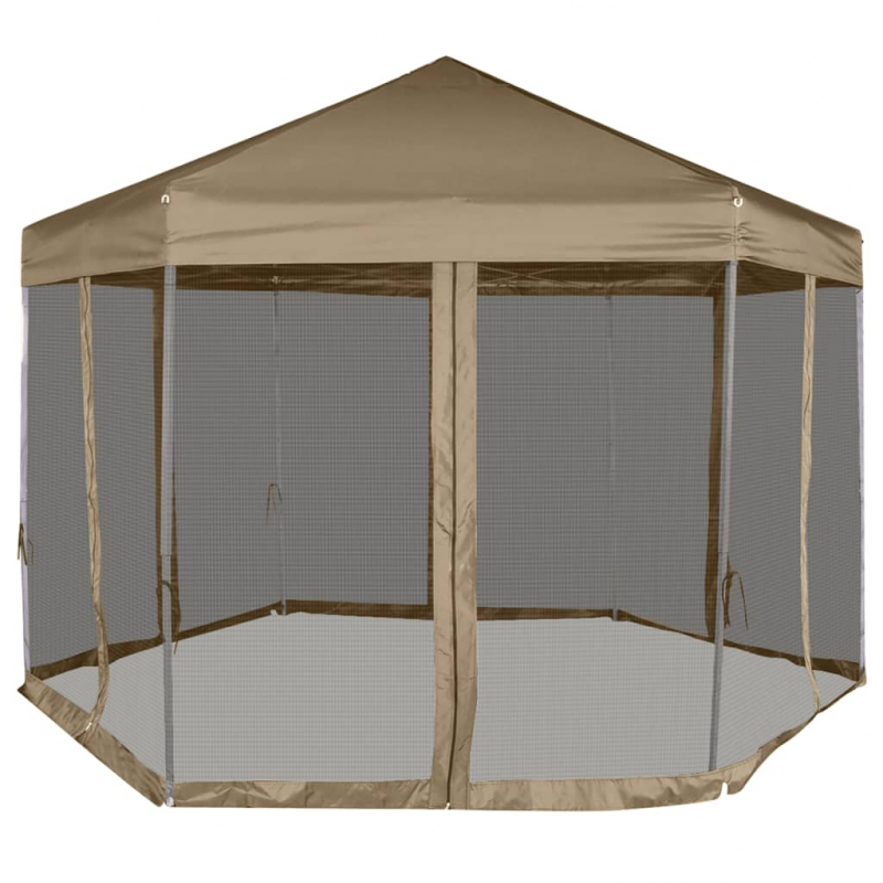 Faltpavillon mit Seitenwänden Sechseckig 3,6x3,1m Taupe 220g/m²