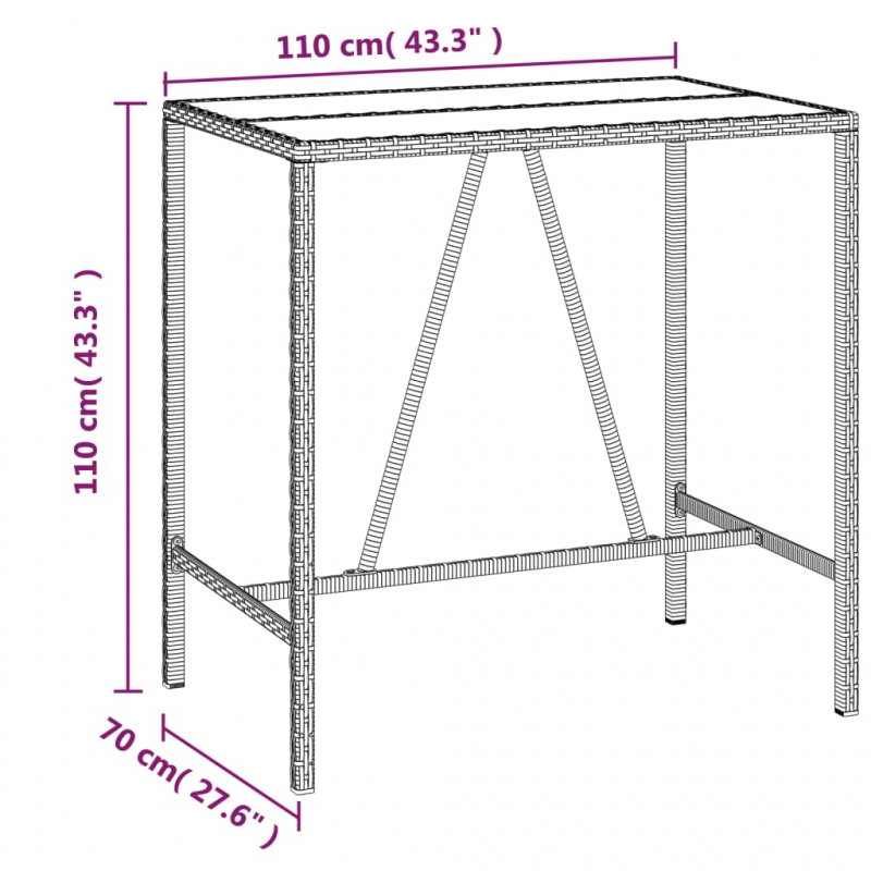 Bartisch mit Glasplatte Grau 110x70x110 cm Poly Rattan