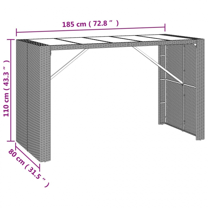 Bartisch mit Glasplatte Grau 185x80x110 cm Poly Rattan