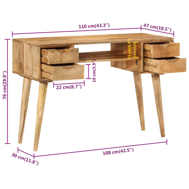 Schreibtisch mit Schubladen 110x47x76 cm Massivholz Mango