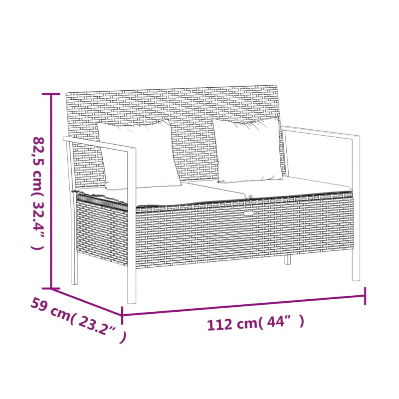 Gartenbank 2-Sitzer mit Kissen Braun Poly Rattan