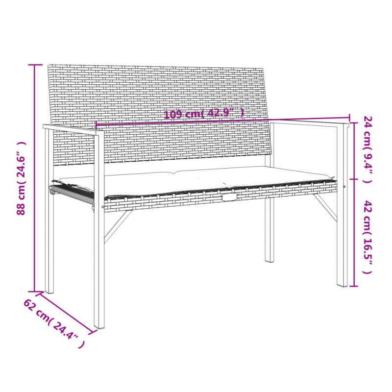 Gartenbank 2-Sitzer mit Kissen Schwarz Poly Rattan