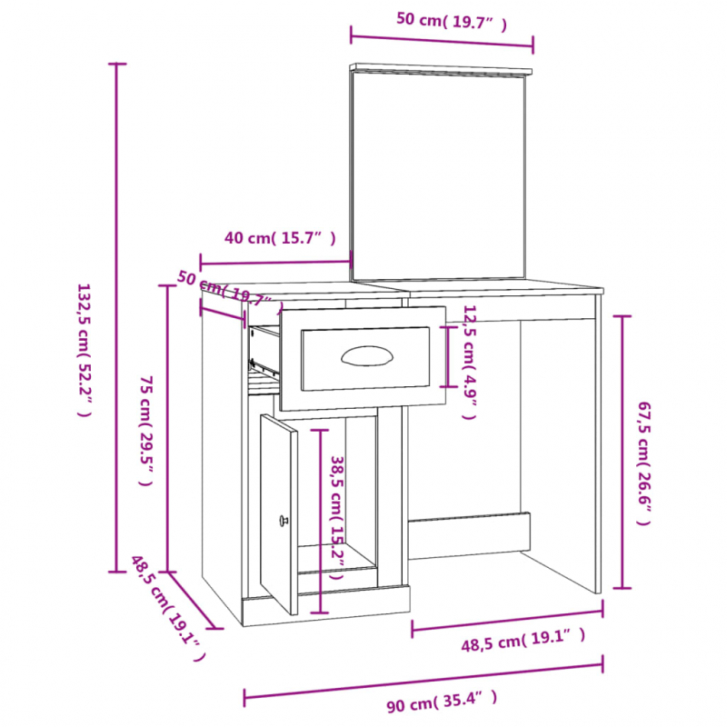 Schminktisch mit Spiegel Braun Eichen-Optik 90x50x132,5 cm
