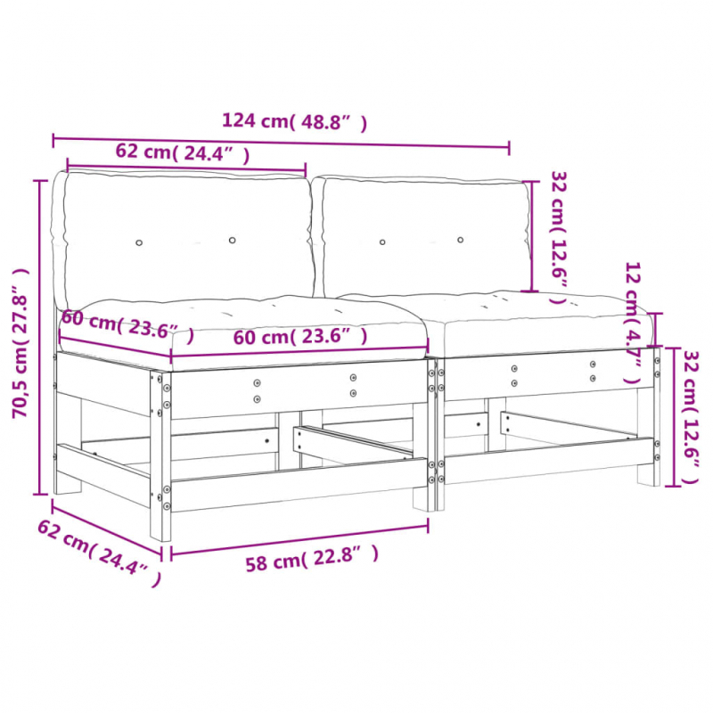 Mittelsofas mit Kissen 2 Stk. Massivholz Douglasie