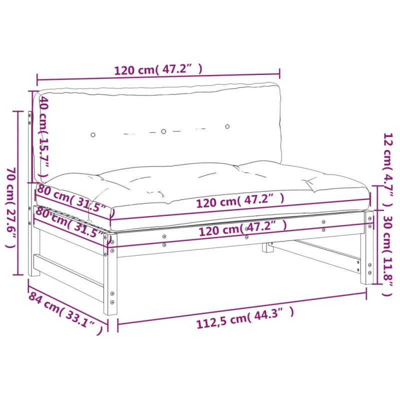 Mittelsofa Grau 120x80 cm Massivholz Kiefer