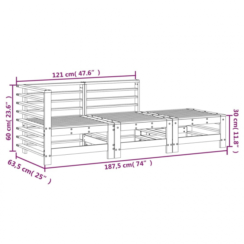 3-tlg. Garten-Lounge-Set Schwarz Massivholz Kiefer