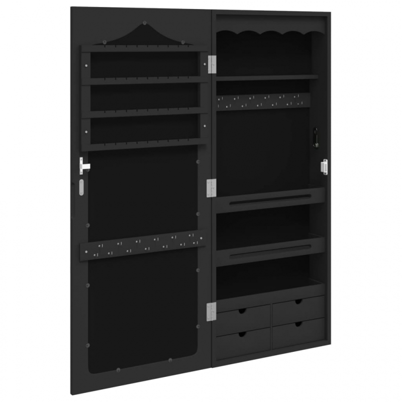 Schmuckschrank mit Spiegel Wandmontage Schwarz 37,5x10x90 cm