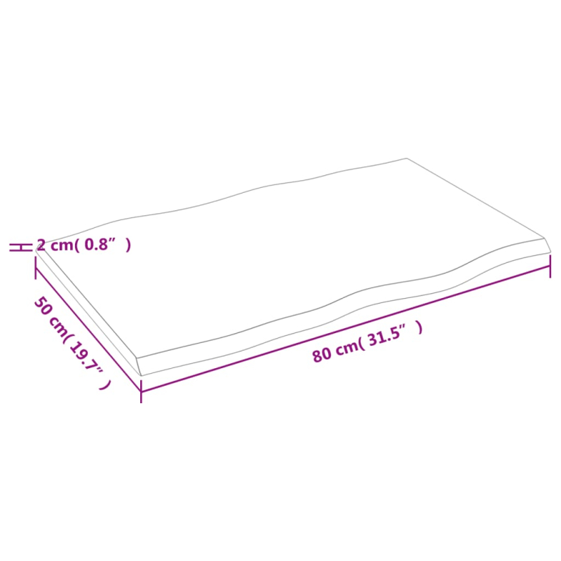 Tischplatte 80x50x2 cm Massivholz Eiche Unbehandelt Baumkante