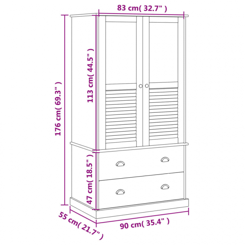 Kleiderschrank VIGO Weiß 90x55x170 cm Massivholz Kiefer