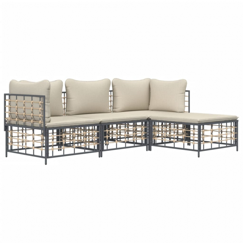 4-tlg. Garten-Lounge-Set mit Kissen Anthrazit Poly Rattan