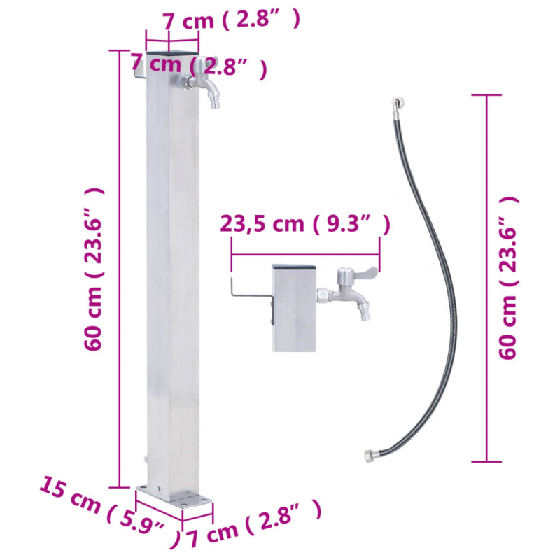 Wassersäule für den Garten 60 cm Edelstahl Quadratisch