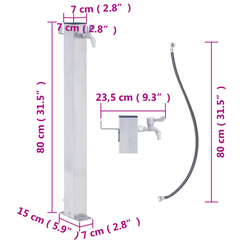 Wassersäule für den Garten 80 cm Edelstahl Quadratisch