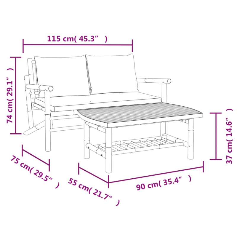 2-tlg. Garten-Lounge-Set mit Dunkelgrauen Kissen Bambus