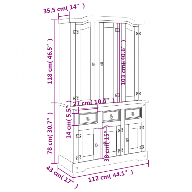 Highboard Corona 112x43x196 cm Massivholz Mexikanische Kiefer