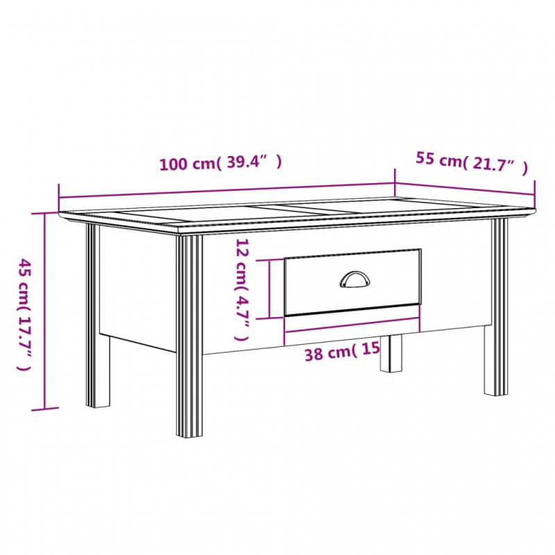 Couchtisch BODO Grau 100x55x46 cm Massivholz Kiefer