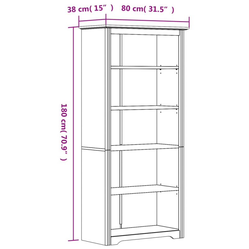 Bücherregal 5 Fächer BODO Weiß 82x40x173 cm Massivholz Kiefer