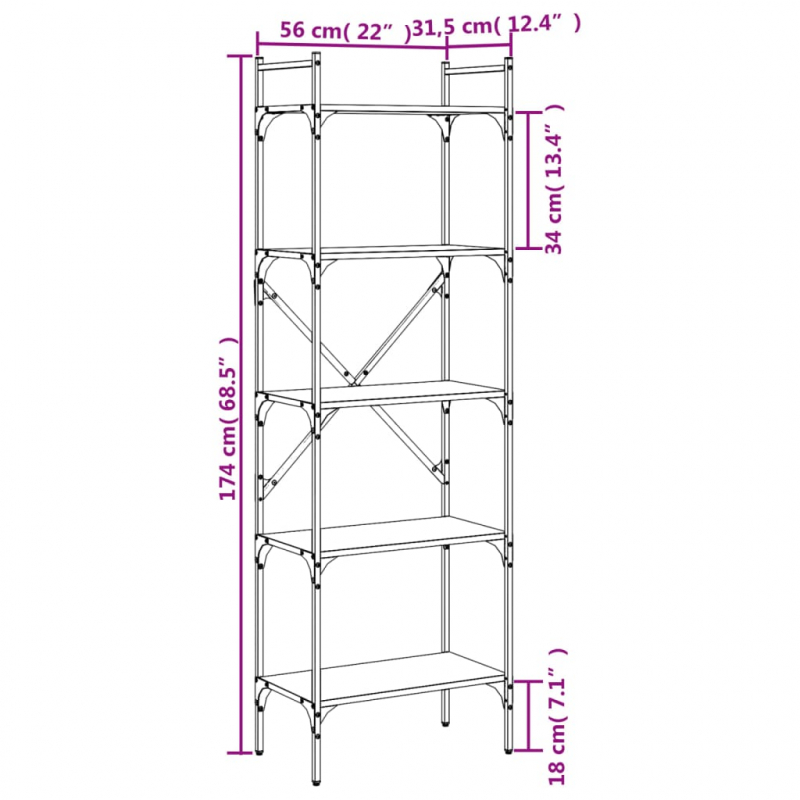 Bücherregal 5 Fächer Räuchereiche 56x31,5x174 cm Holzwerkstoff