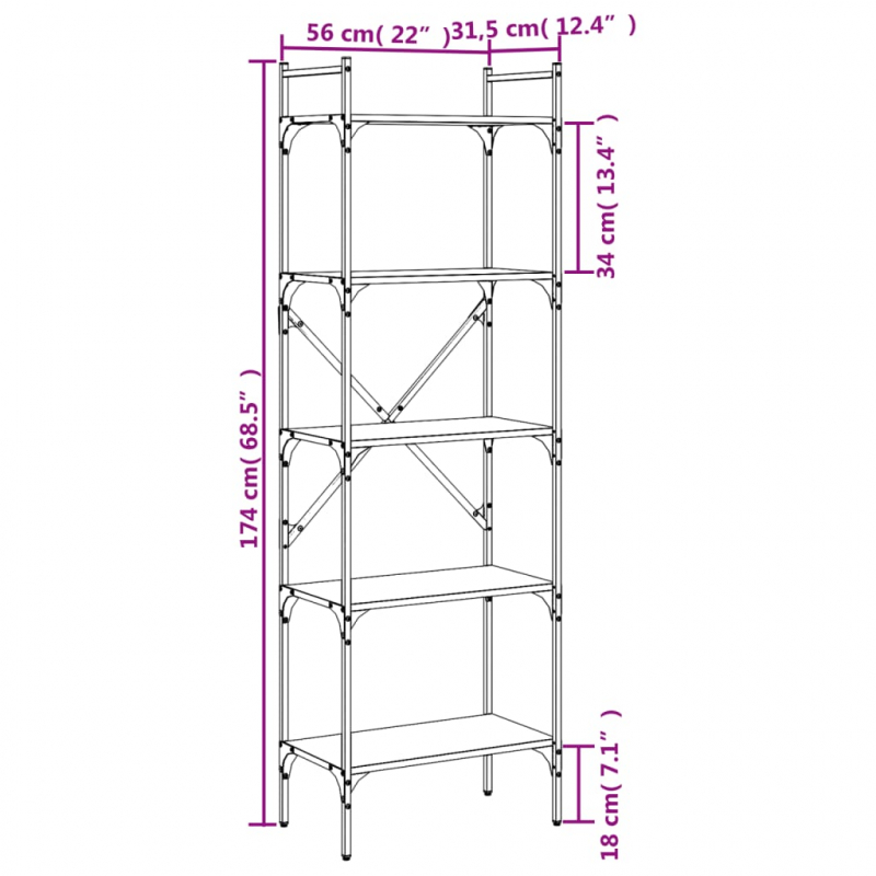 Bücherregal 5 Fächer Braun Eiche 56x31,5x174 cm Holzwerkstoff