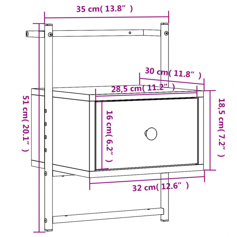 Wand-Nachttisch Grau Sonoma 35x30x51 cm Holzwerkstoff