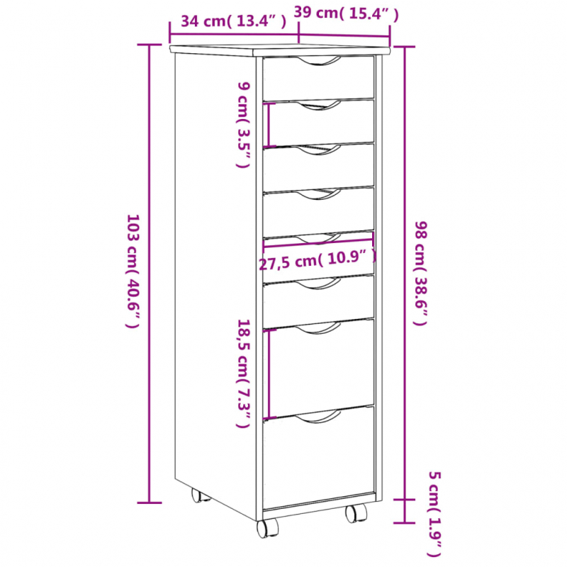 Rollschrank mit Schubladen MOSS Honigbraun Massivholz Kiefer