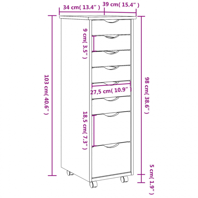 Rollschrank mit Schubladen MOSS Weiß Massivholz Kiefer