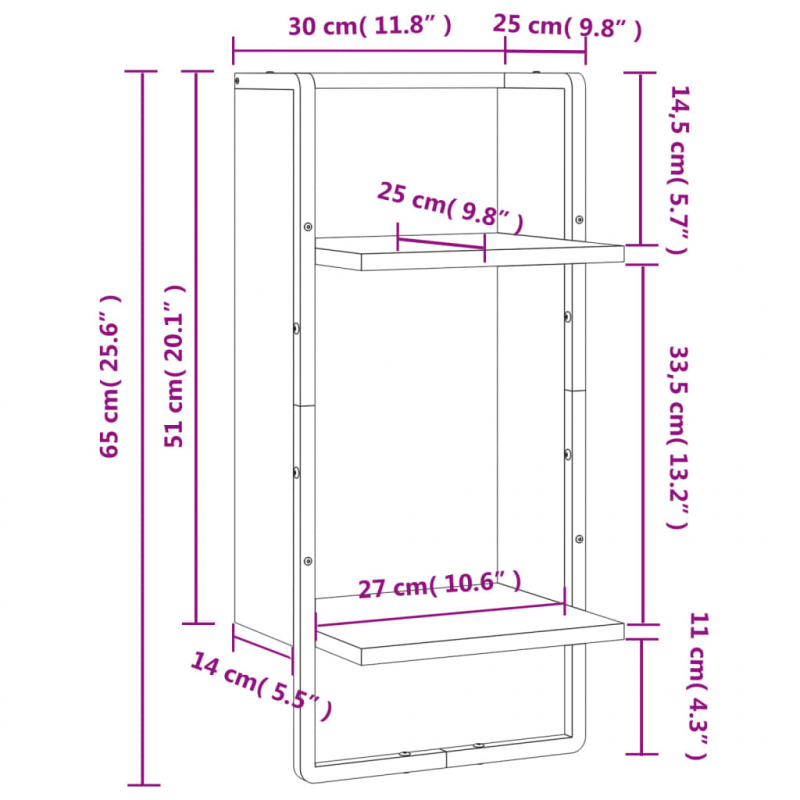 Wandregal mit Stange Schwarz 30x25x65 cm