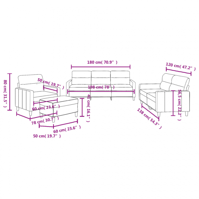4-tlg. Sofagarnitur mit Kissen Schwarz Stoff