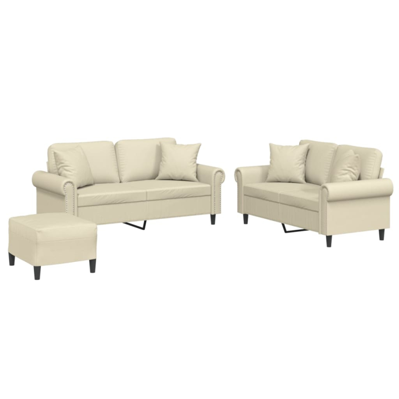 3-tlg. Sofagarnitur mit Kissen Creme Kunstleder