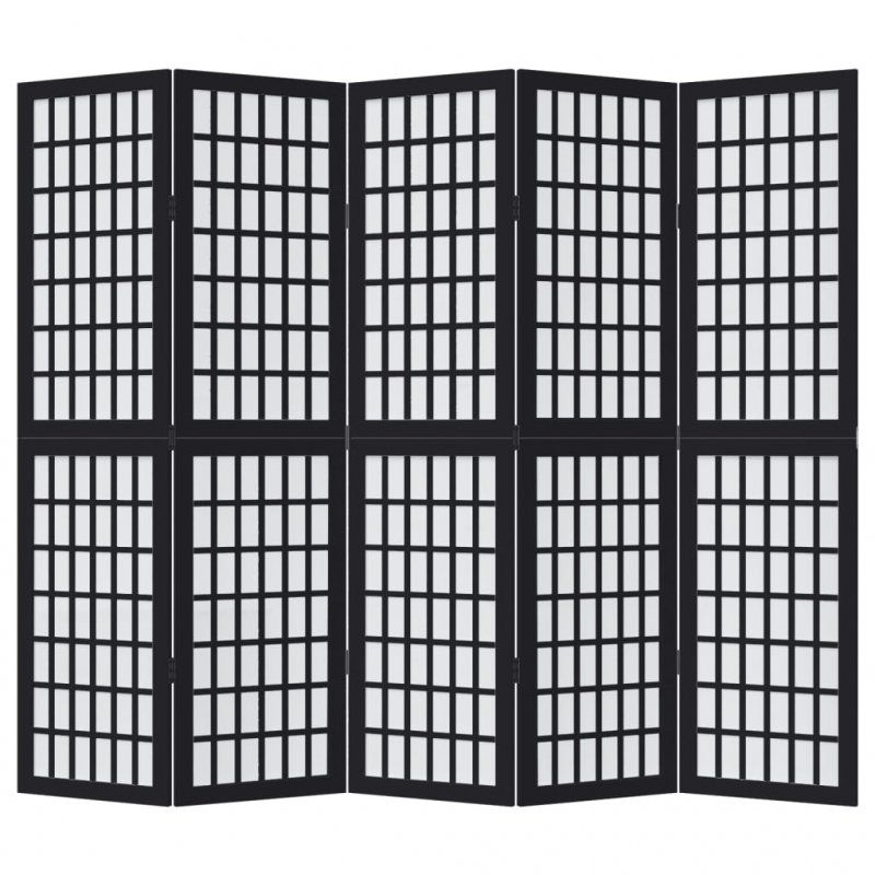 5-tlg. Paravent Schwarz Massivholz Paulownia