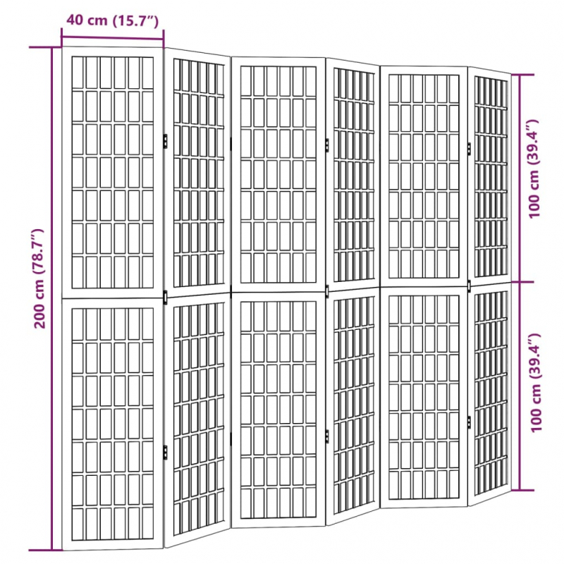 6-tlg. Paravent Schwarz Massivholz Paulownia