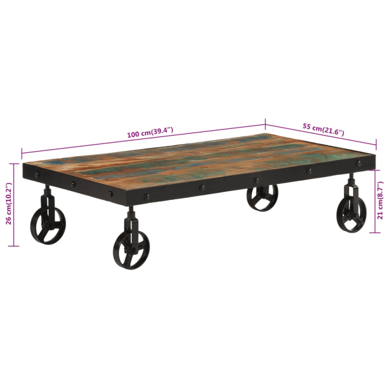 Couchtisch mit Rollen Altholz Massiv 100x55x26 cm