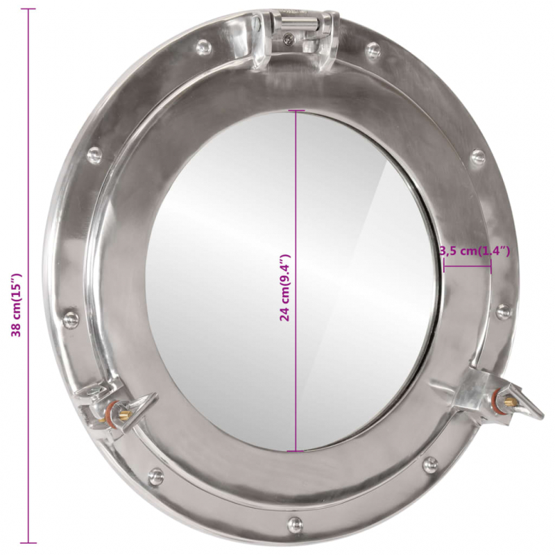 Bullaugen-Spiegel Wandmontage Ø38 cm Aluminium und Glas