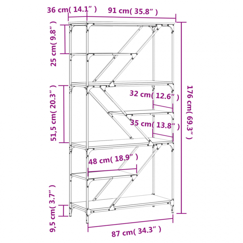 Bücherregal Grau Sonoma 91x36x176 cm Holzwerkstoff und Stahl