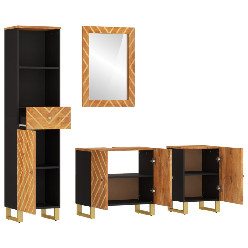 4-tlg. Badschrank-Set Braun und Schwarz Massivholz Mango
