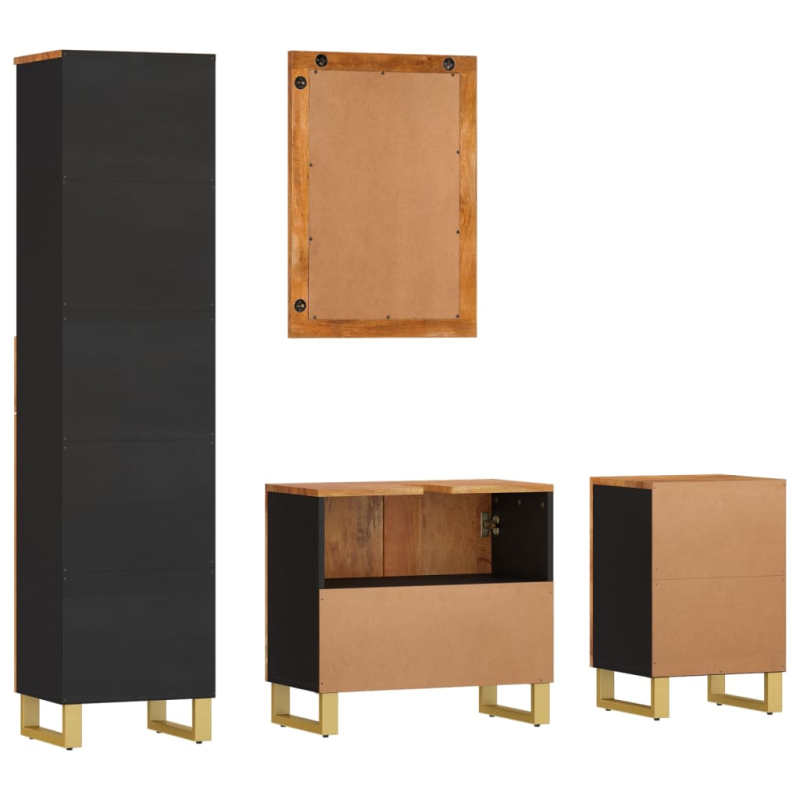 4-tlg. Badschrank-Set Braun und Schwarz Massivholz Mango