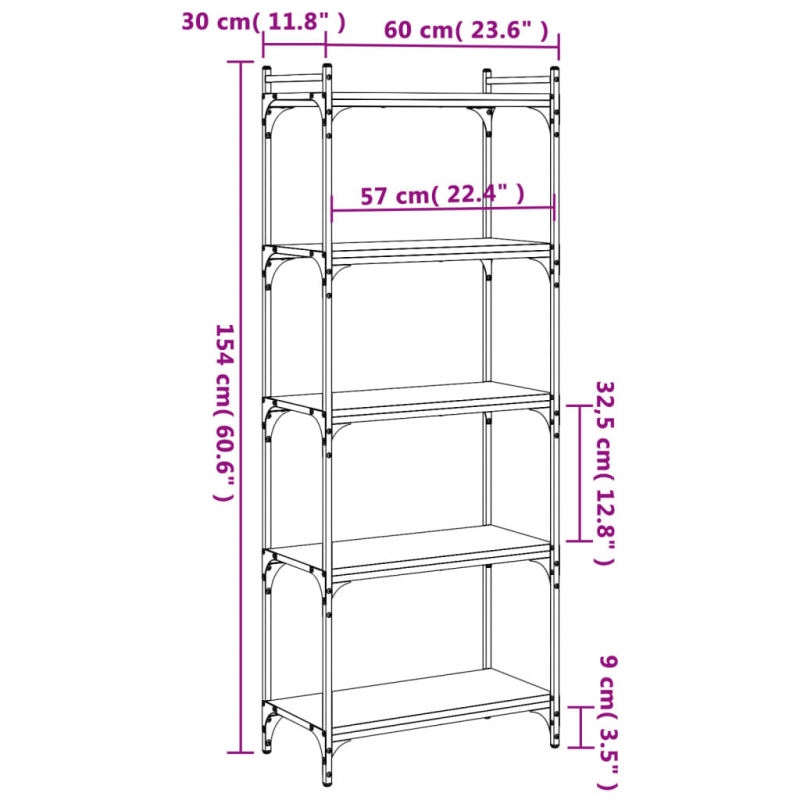 Bücherregal 5 Böden Braun Eiche-Optik 60x30x154cm Holzwerkstoff