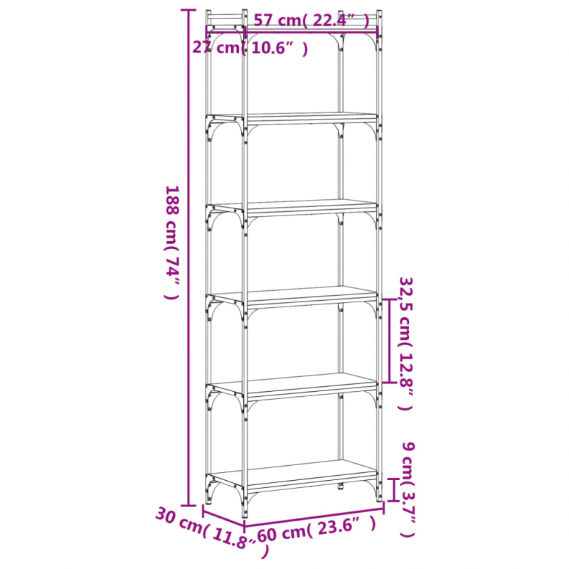 Bücherregal 6 Böden Grau Sonoma 60x30x188 cm Holzwerkstoff