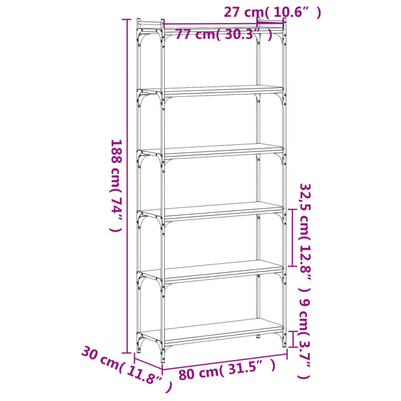 Bücherregal 6 Böden Schwarz 80x30x188 cm Holzwerkstoff