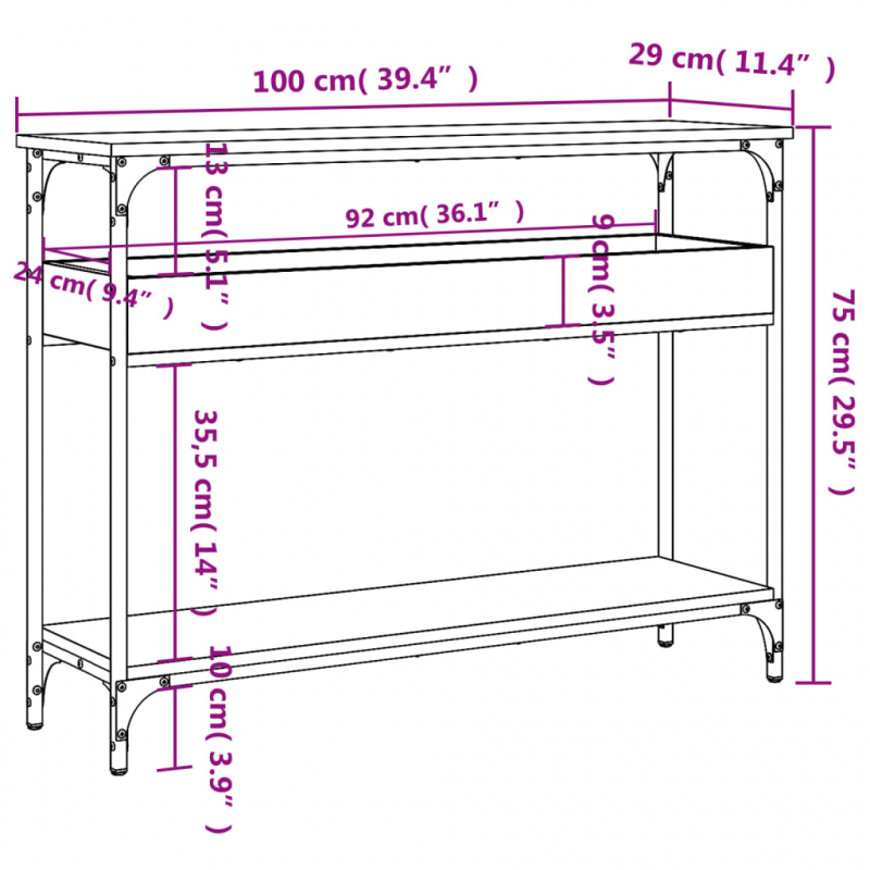 Konsolentisch mit Ablage Grau Sonoma 100x29x75cm Holzwerkstoff