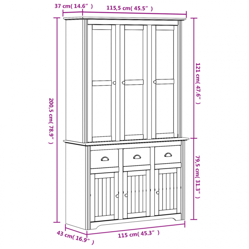 Highboard BODO Weiß Braun 115,5x43x200,5 cm Massivholz Kiefer