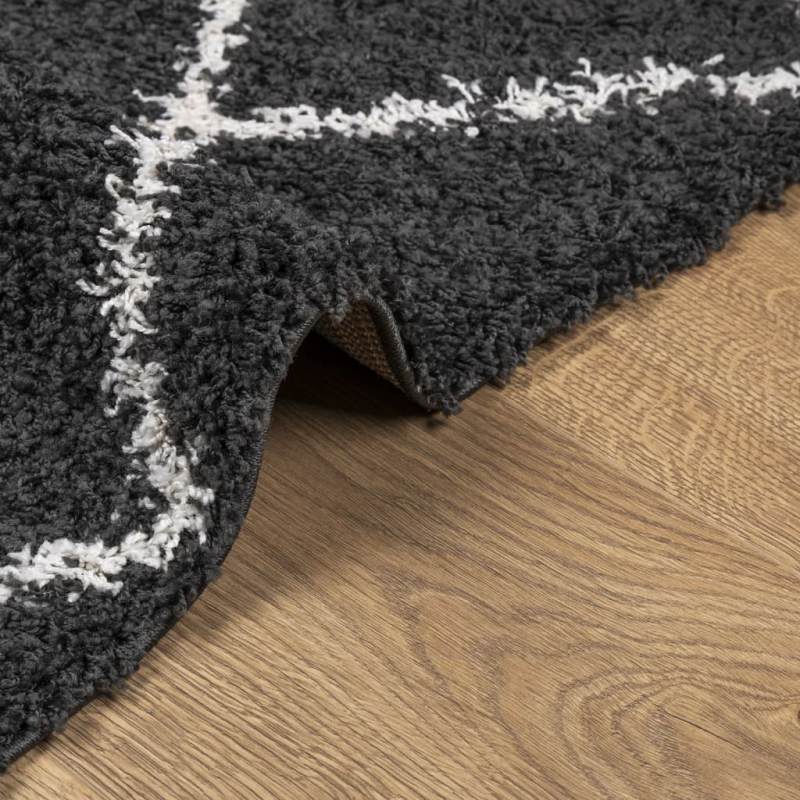 Teppich Shaggy Hochflor Modern Schwarz und Creme 80x250 cm