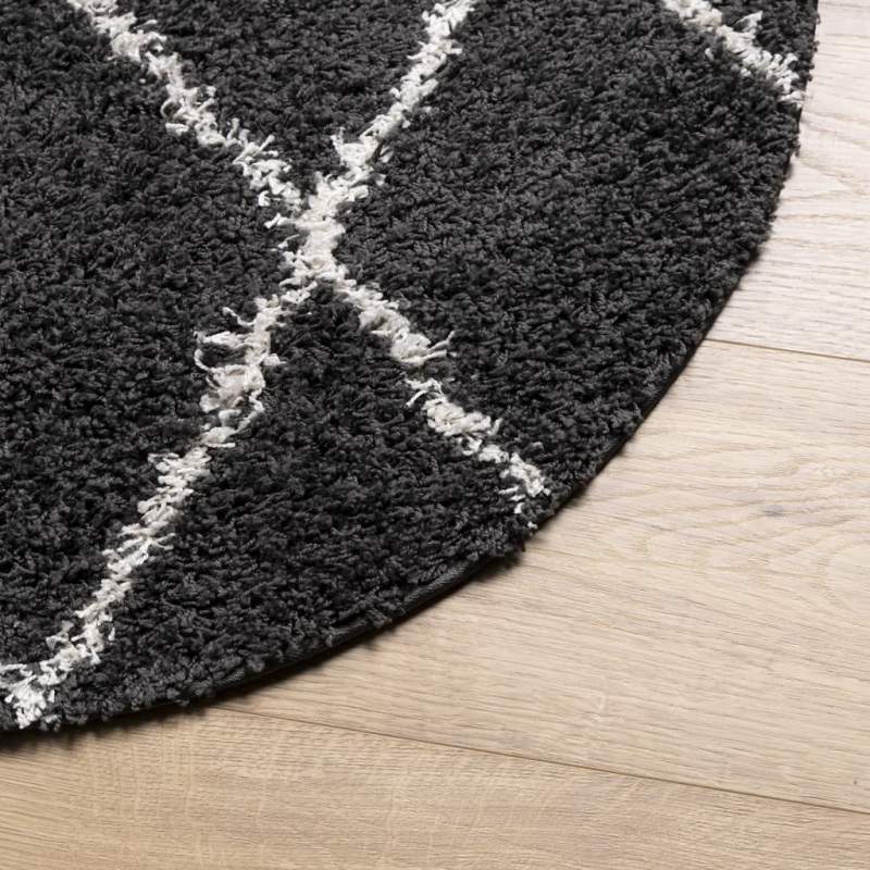 Teppich Shaggy Hochflor Modern Schwarz und Creme Ø 200 cm