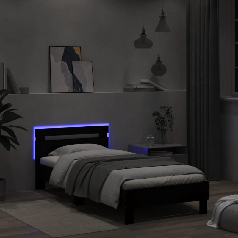 Bettgestell mit Kopfteil und LED-Leuchten Schwarz 100x200 cm