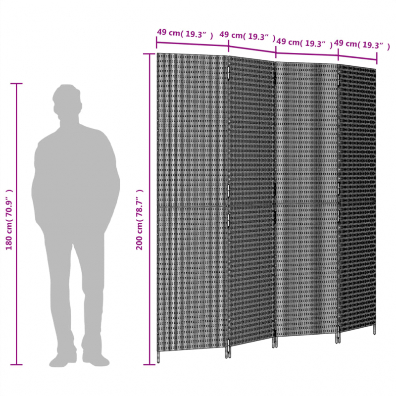 Paravent 4-tlg. Schwarz Poly Rattan