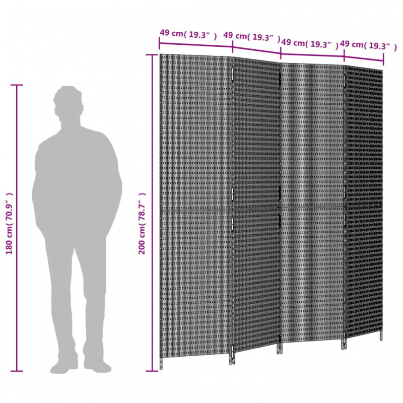 Paravent 4-tlg. Grau Poly Rattan